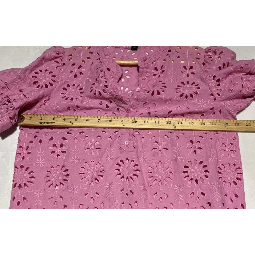 J Crew Puff Sleeve Popover Top in Eyelet Womens Small Pink Embroidered Blouse
